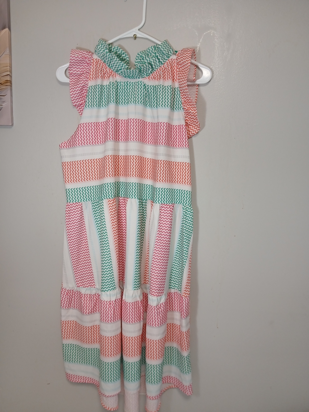 Mazik Girls' Striped Ruffle-Sleeve Dress in Mint, Coral & White